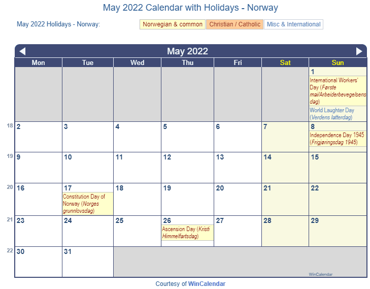 May 2022 Calendar with Norwegian Holidays as image to Print