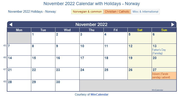 November 2022 Calendar with Norwegian Holidays as image to Print