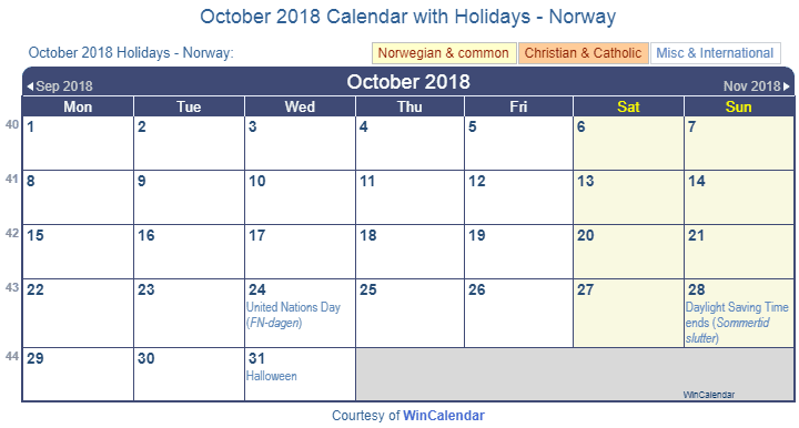 Print Friendly October  2020 Norway Calendar for printing