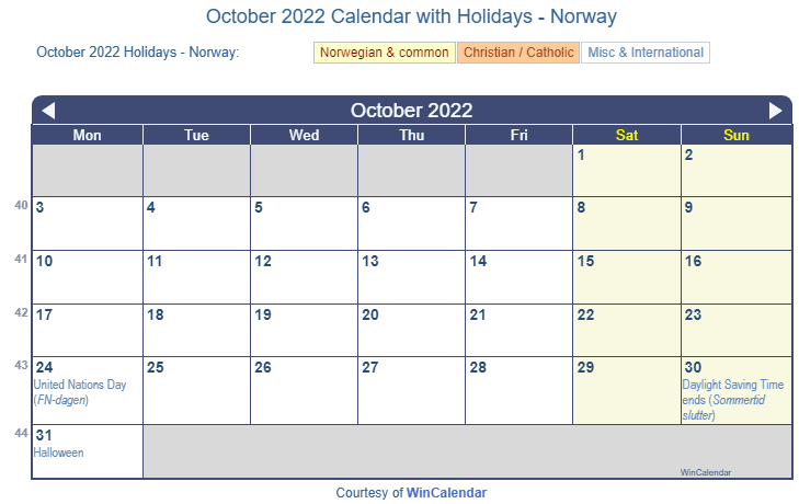 October 2022 Calendar with Norwegian Holidays as image to Print