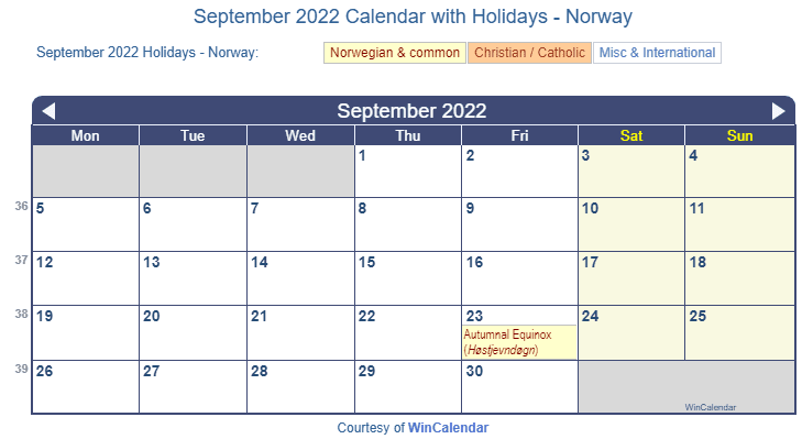 September 2022 Calendar with Norwegian Holidays as image to Print