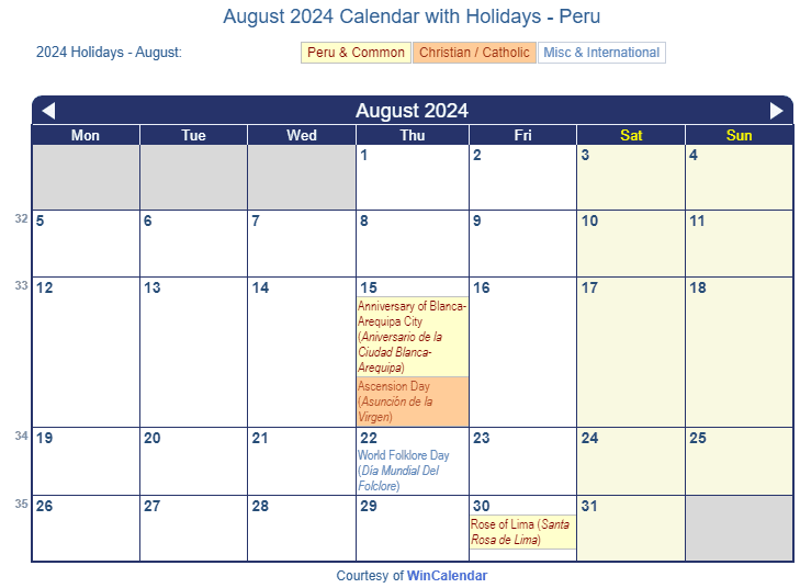 Print Friendly August 2024 Peru Calendar for printing