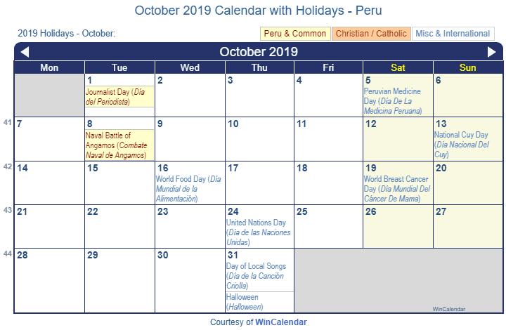 Print Friendly October 2019 Peru Calendar For Printing