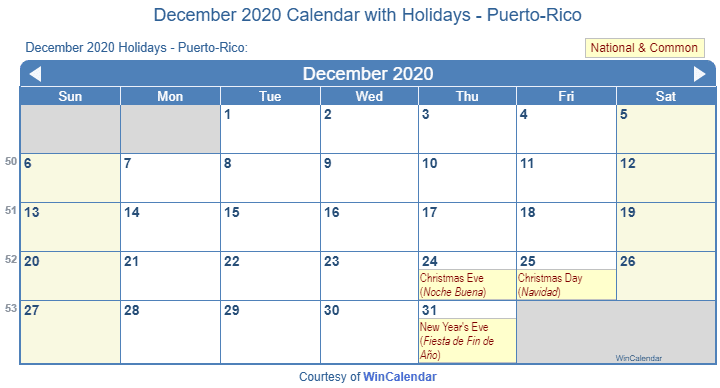 Print Friendly December 2020 Puerto-Rico Calendar for printing