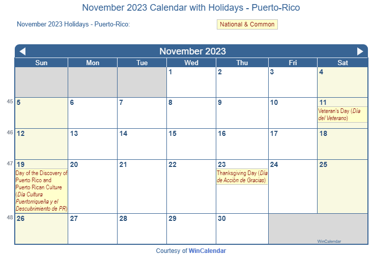 Print Friendly November 2023 PuertoRico Calendar for printing