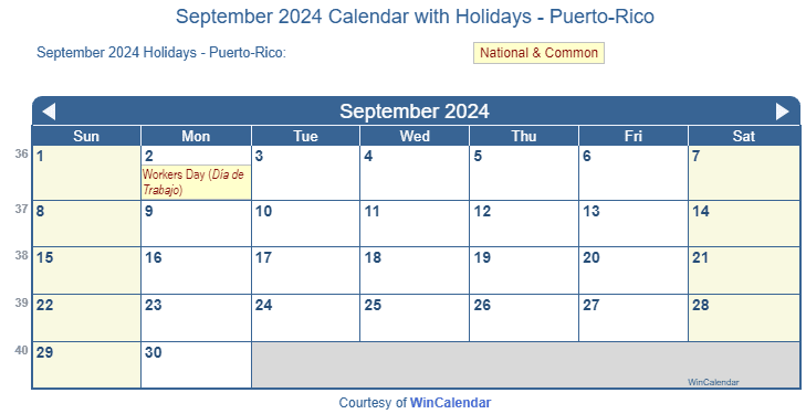 September 2024 Calendar with Puerto Rican Holidays to Print