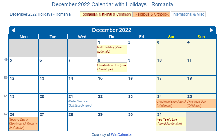 December 2022 Calendar with Romania Holidays to Print