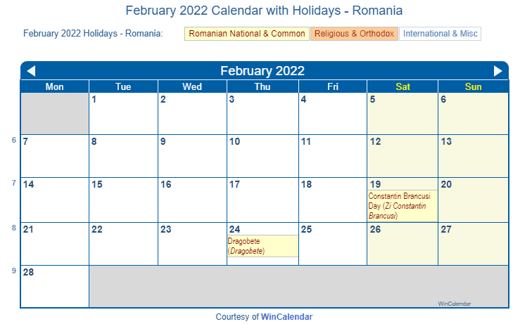 February 2022 Calendar with Romania Holidays to Print