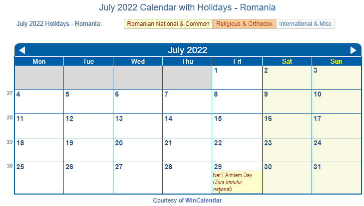 July 2022 Calendar with Romania Holidays to Print