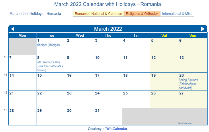 March 2022 Calendar with Romania Holidays to Print