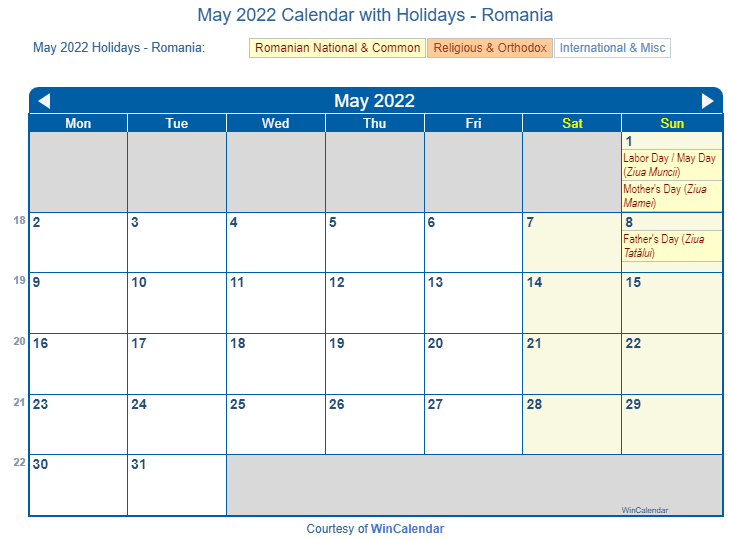 May 2022 Calendar with Romania Holidays to Print
