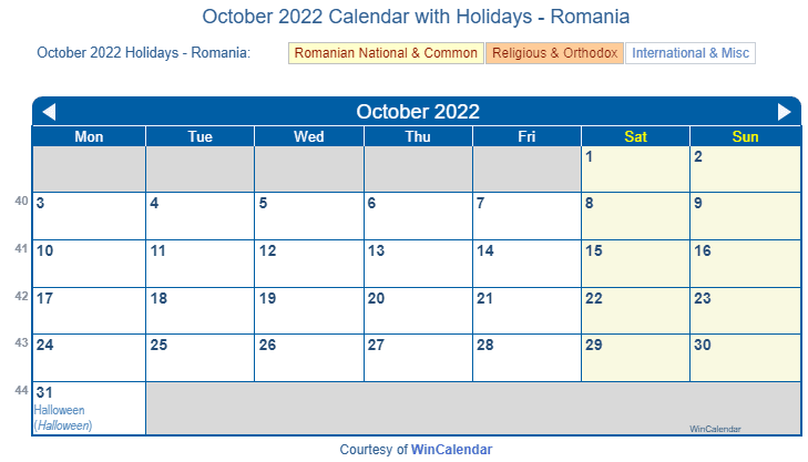 October 2022 Calendar with Romania Holidays to Print