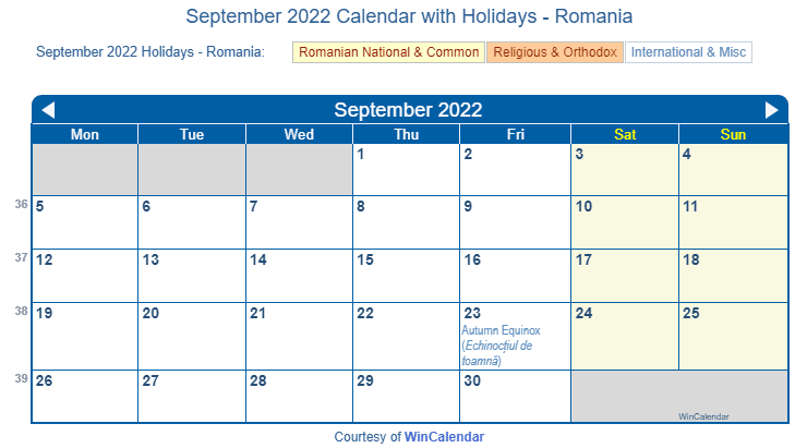 September 2022 Calendar with Romania Holidays to Print