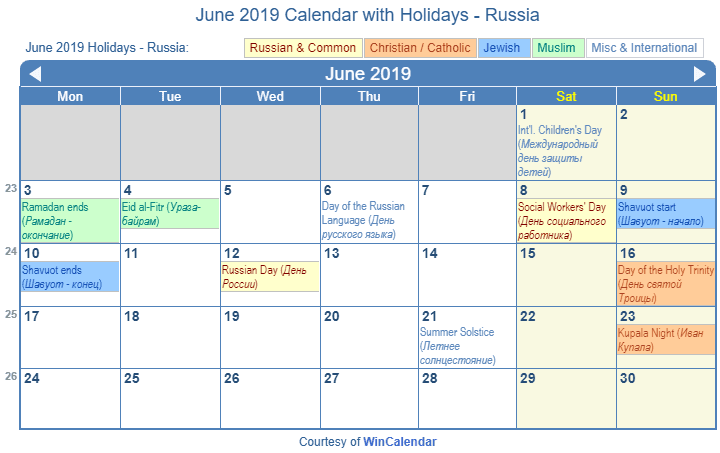 Print Friendly June 2019 Russia Calendar for printing