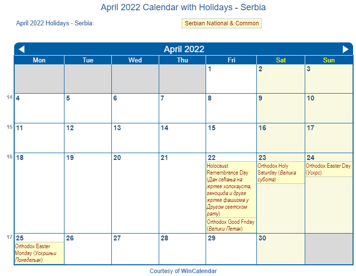 April 2022 Calendar with Serbia Holidays to Print