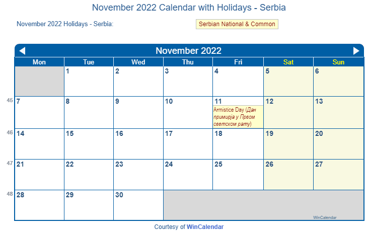 November 2022 Calendar with Serbia Holidays to Print