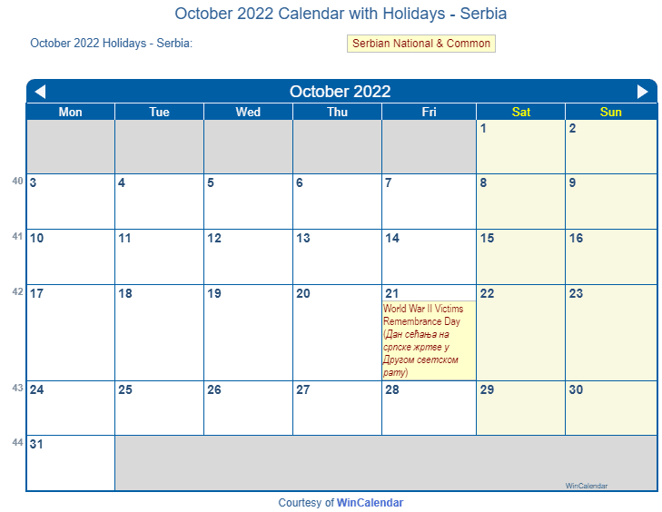 October 2022 Calendar with Serbia Holidays to Print