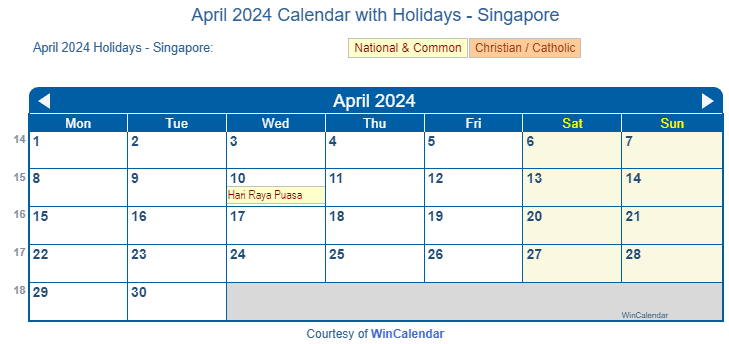 April 2024 Calendar with Singapore Holidays to Print