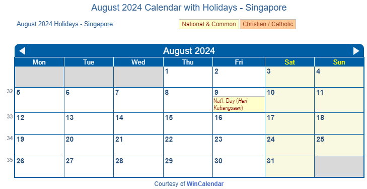 August 2024 Calendar with Singapore Holidays to Print