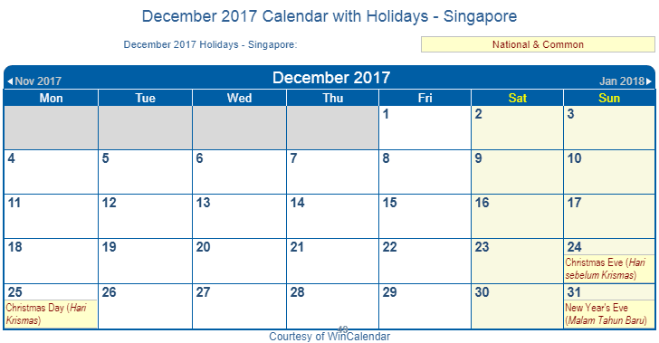 December 2017 Calendar Singapore