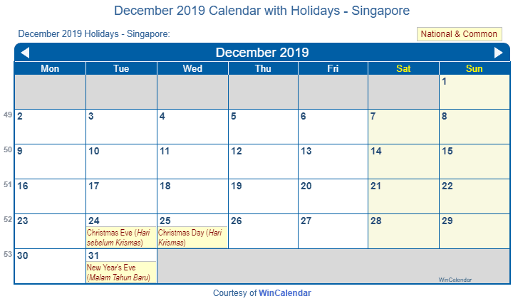 Print Friendly December 2019 Singapore Calendar For Printing