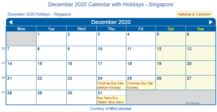 Print Friendly December 2020 Singapore Calendar for printing