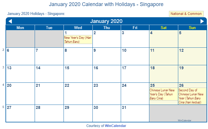 Print Friendly January 2020 Singapore Calendar for printing