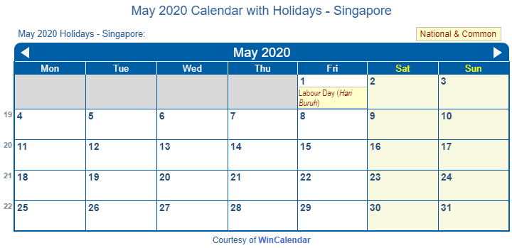 Print Friendly May 2020 Singapore Calendar for printing