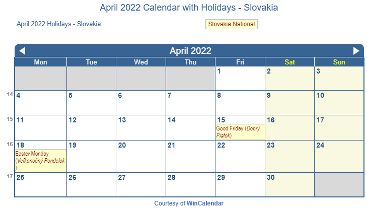 April 2022 Calendar with Slovak Holidays to Print