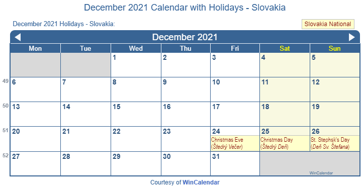 December 2021 Calendar with Slovak Holidays to Print