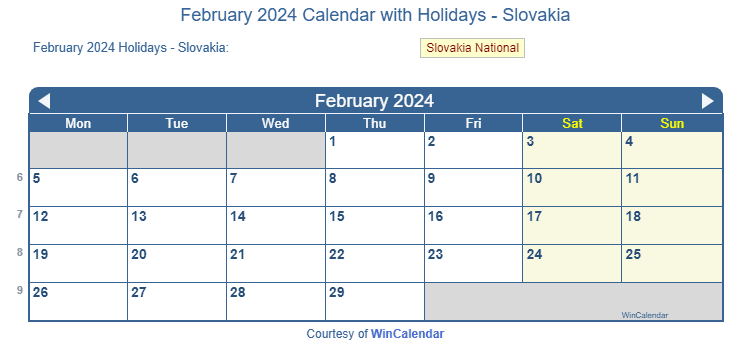 February 2024 Calendar with Slovak Holidays to Print