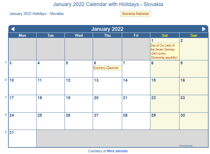 January 2022 Calendar with Slovak Holidays to Print