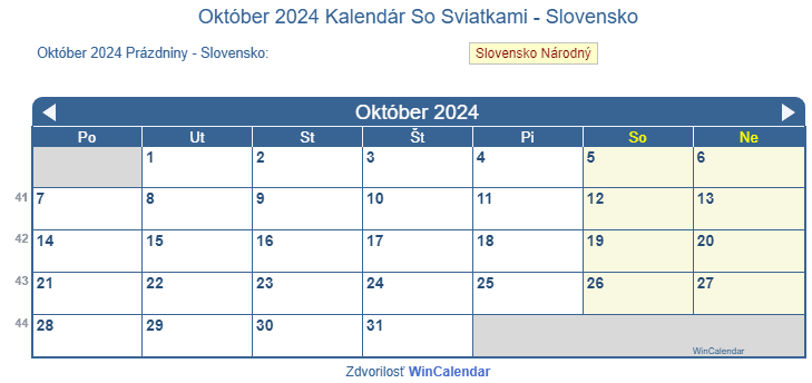 Kalendár Október 2024 so štátnymi sviatkami vo formáte obrazového súboru
