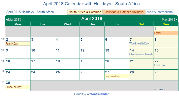 April 2018 Calendar with South Africa Holidays to Print