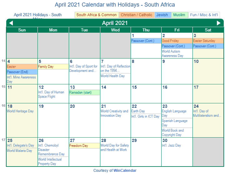 April 2021 Calendar with South Africa Holidays to Print