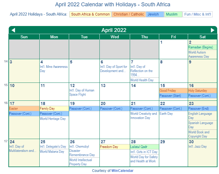 April 2022 Calendar with South Africa Holidays to Print
