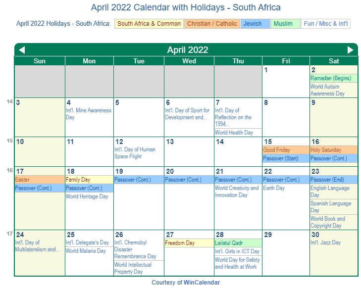 Print Friendly April 2022 South Africa Calendar for printing