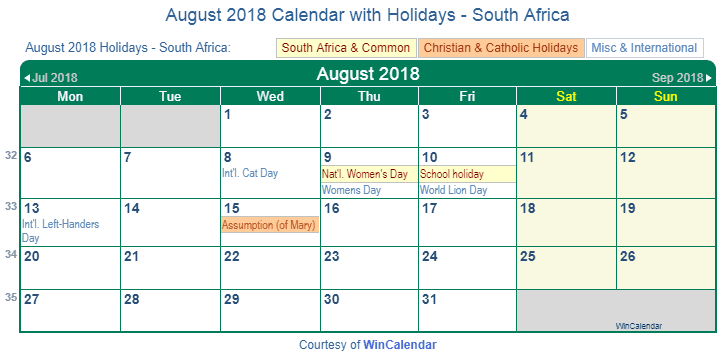 August 2018 Calendar with South Africa Holidays to Print