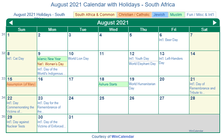 August 2021 Calendar with South Africa Holidays to Print