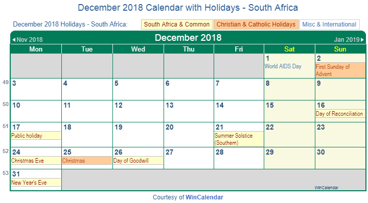 December 2018 Calendar with South Africa Holidays to Print