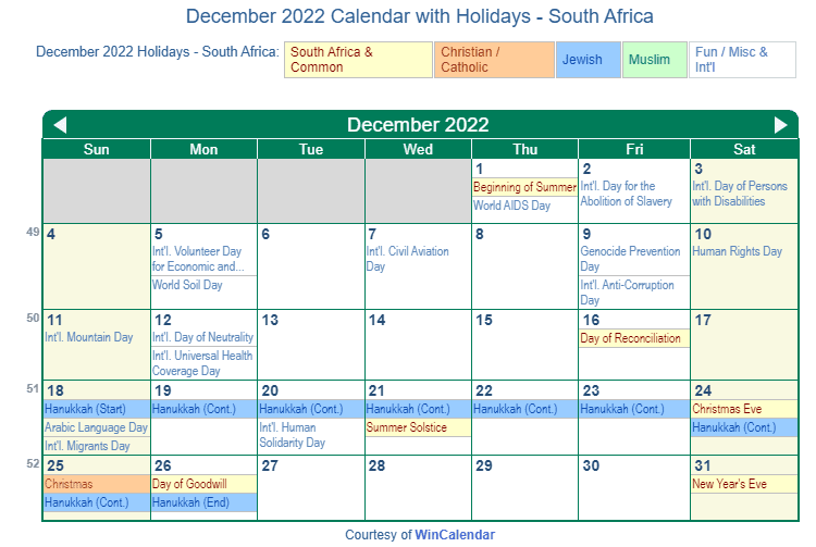 December 2022 Calendar with South Africa Holidays to Print