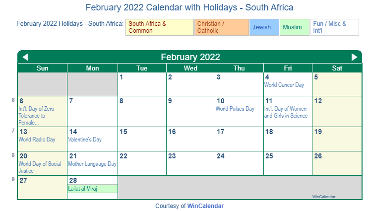February 2022 Calendar with South Africa Holidays to Print