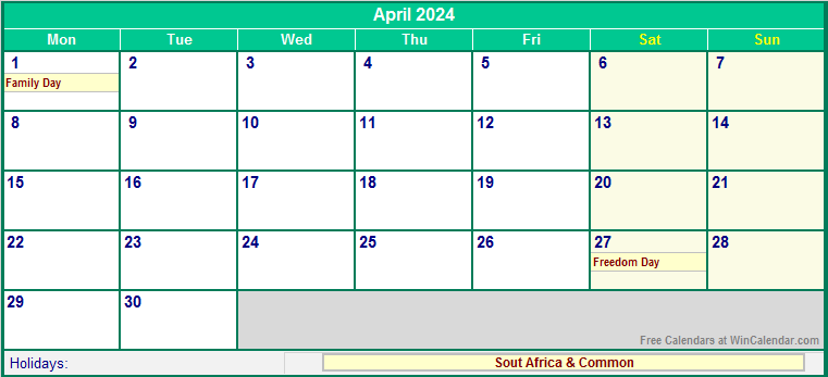 April 2024 Printable Calendar with South Africa Holidays
