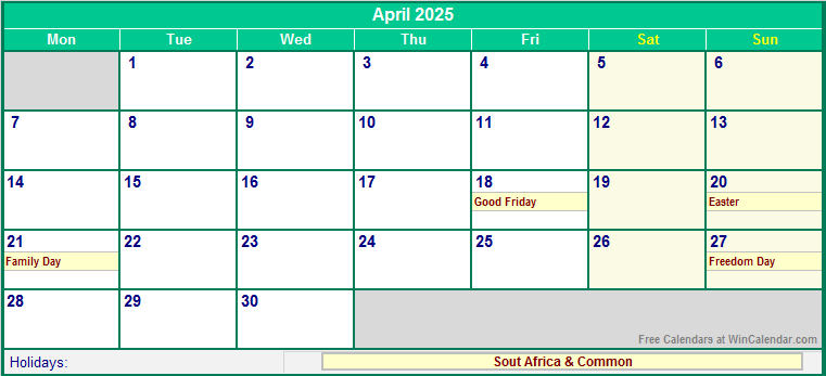 April 2025 Printable Calendar with South Africa Holidays