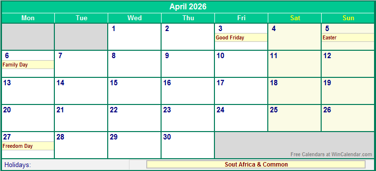 April 2026 Printable Calendar with South Africa Holidays