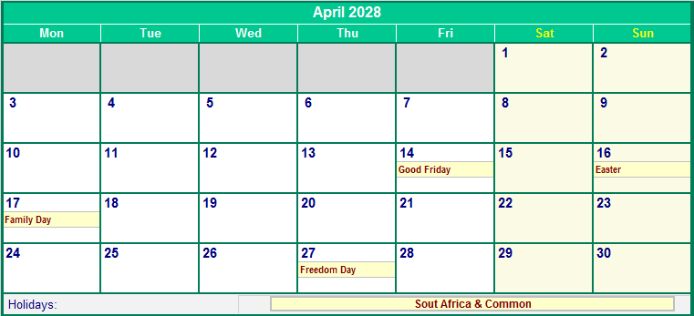 April 2028 Printable Calendar with South Africa Holidays