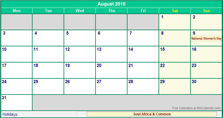 August 2015 Printable Calendar with South Africa Holidays