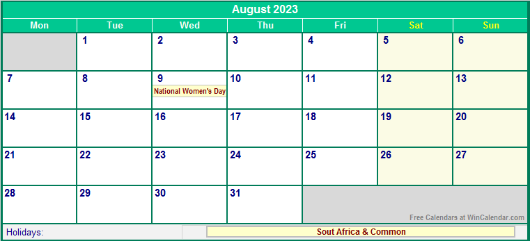 August 2023 Printable Calendar with South Africa Holidays