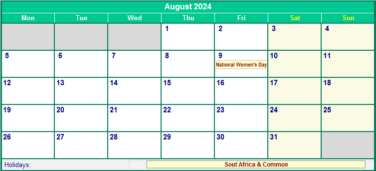 August 2024 Printable Calendar with South Africa Holidays