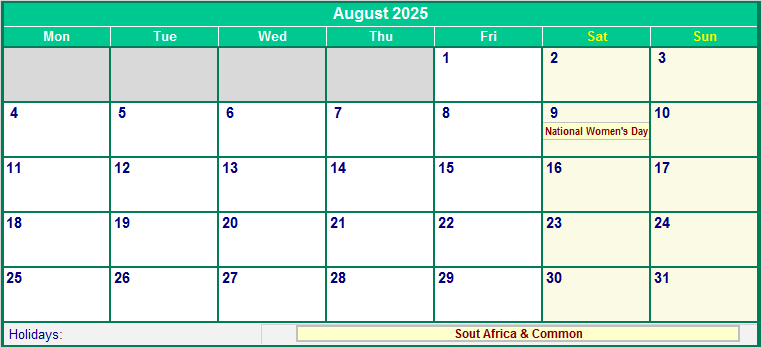 August 2025 South Africa Calendar with Holidays for printing (image format)